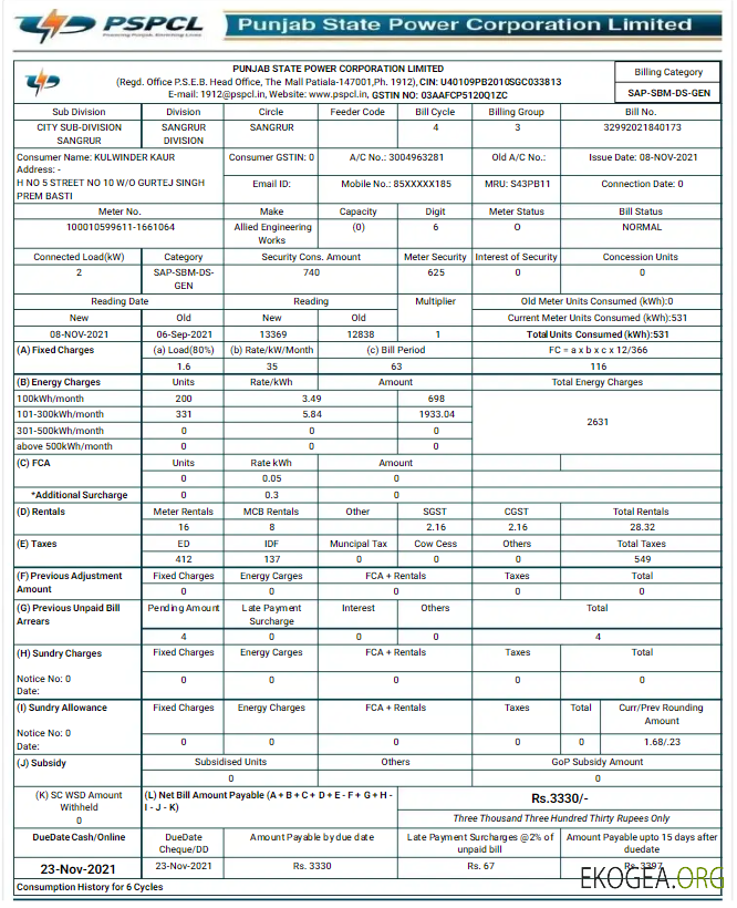 INDIA PSPCL utility bill Word and PDF template